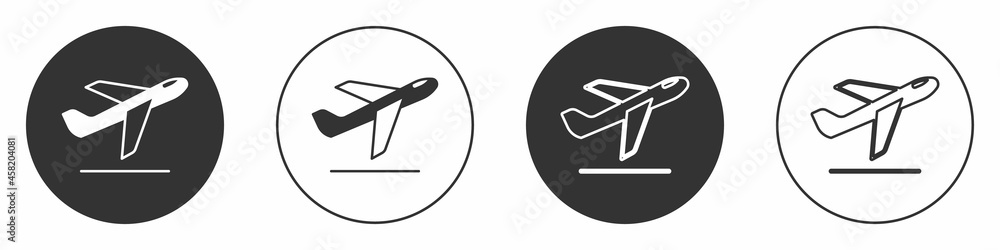 Black Plane takeoff icon isolated on white background. Airplane transport symbol. Circle button. Vector Black Plane takeoff icon isolated on white background. Airplane transport symbol. Circle button. Vector