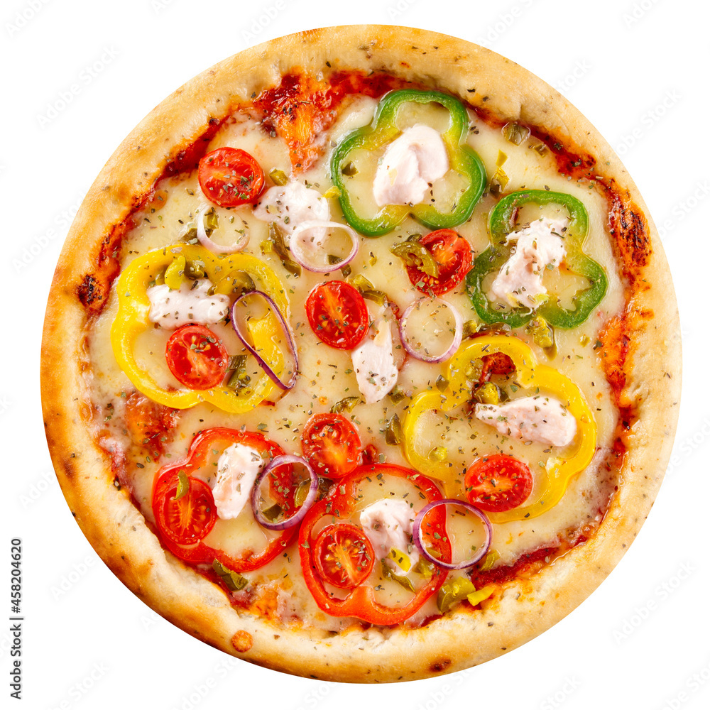 Isolated pizza with bell pepper and cream cheese on white background