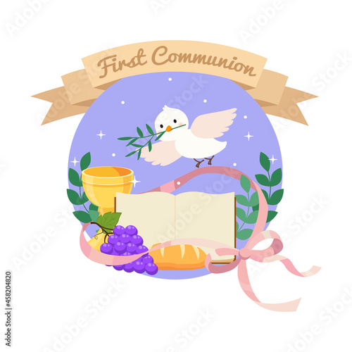 Cute first communion illustration with chalice, bible, bread and wine. Flat vector cartoon design