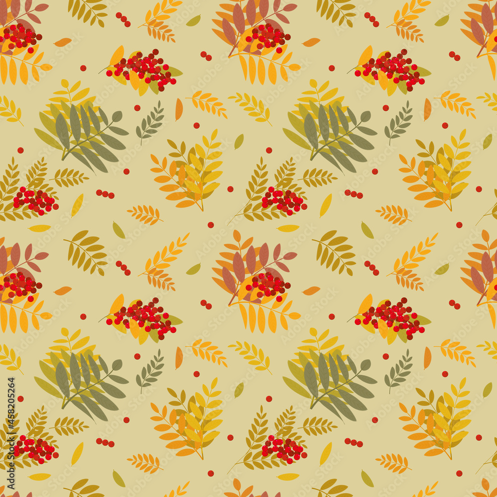 Obraz premium Autumn seamless pattern in a floral theme for fabrics and autumn backgrounds. Bright twigs, leaves and berries of mountain ash on a beige-yellow background. Vector illustration