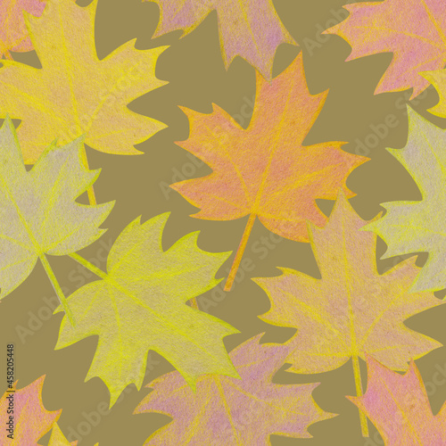 Cozy seamless pattern with hand drawn autumn multicolored maple leaves. Leaf fall drawing with colored pencils on a pale green background. Soft  delicate illustration  art design for fabric  paper