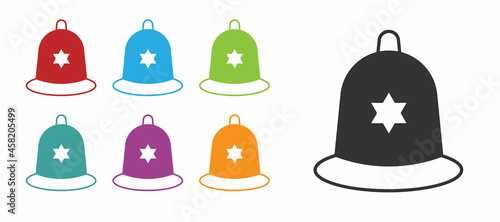 Black British police helmet icon isolated on white background. Set icons colorful. Vector
