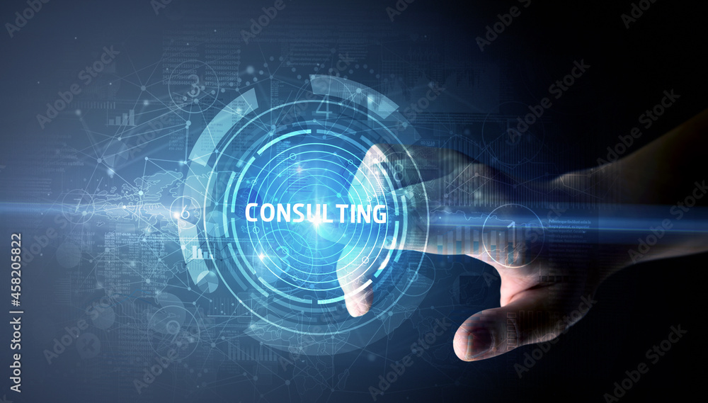 Hand touching business concept button Hand touching business concept button