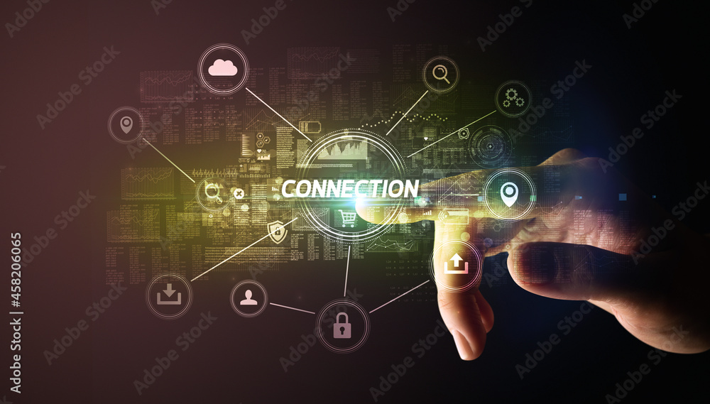 Hand touching cybersecurity button concept Hand touching cybersecurity button concept