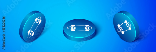 Isometric Longboard or skateboard cruiser icon isolated on blue background. Extreme sport. Sport equipment. Blue circle button. Vector