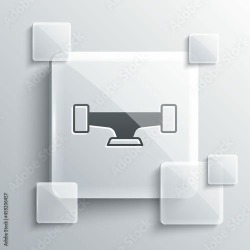 Grey Skateboard wheel icon isolated on grey background. Skateboard suspension. Skate wheel. Square glass panels. Vector