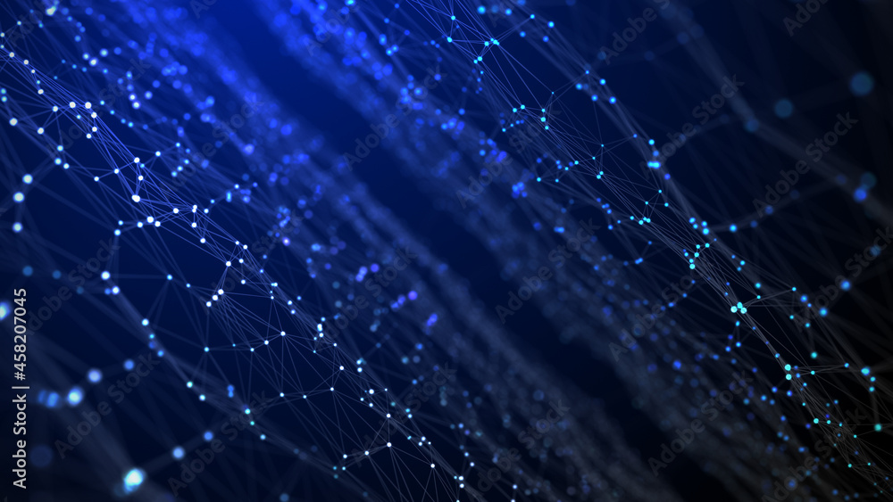 Obraz premium Abstract wave with moving dots and lines. Flow of particles. Cyber technology illustration. 3d rendering