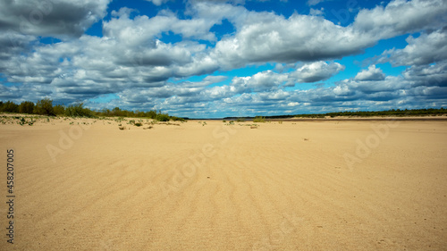 Fototapeta Naklejka Na Ścianę i Meble -  sandy coast against the backdrop of cumulus clouds on a sunny day,