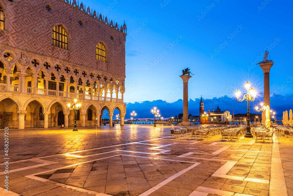 Venetian Square Piazza San Marco with Column of San Teodoro and and Doge's Palace, Venice