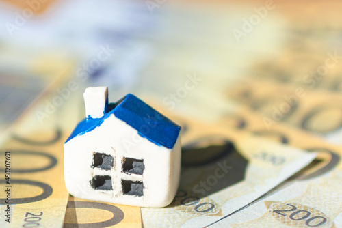 Miniature toy house placed on Euro bill banknotes. Concept for real estate costs, prices, buy or rent a house, hypothecary credit, interest.Selective focus,closeup.Blurred background and foreground. photo