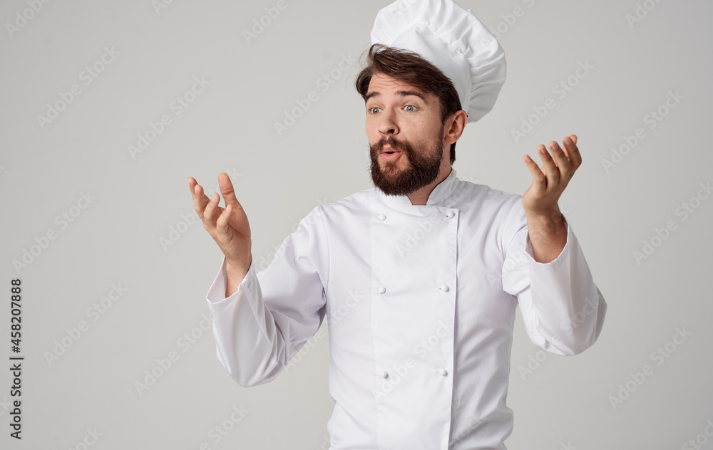 bearded man work uniform profession kitchen stuff light background bearded man work uniform profession kitchen stuff light background