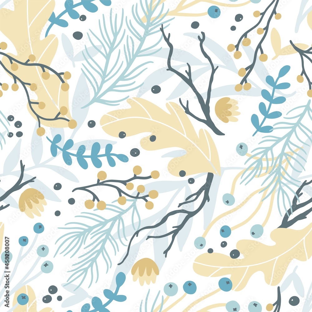 Naklejka premium Winter floral seamless pattern. Dead deciduous and coniferous plants, dry branches. Vector hand-drawn trendy illustration in scandinavian style. Ideal for fabric, textile, paper packaging.