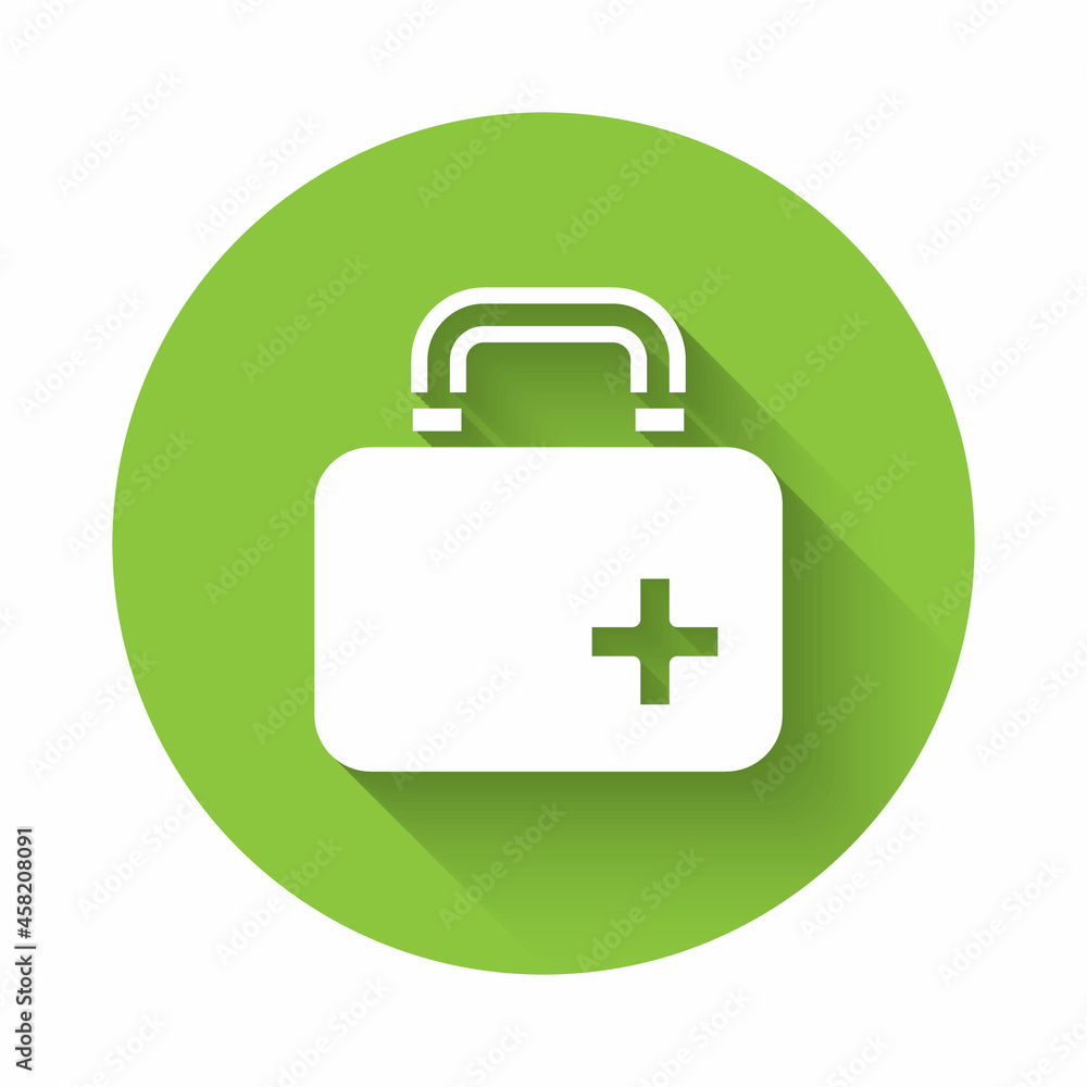 Obraz premium White First aid kit icon isolated with long shadow background. Medical box with cross. Medical equipment for emergency. Healthcare concept. Green circle button. Vector