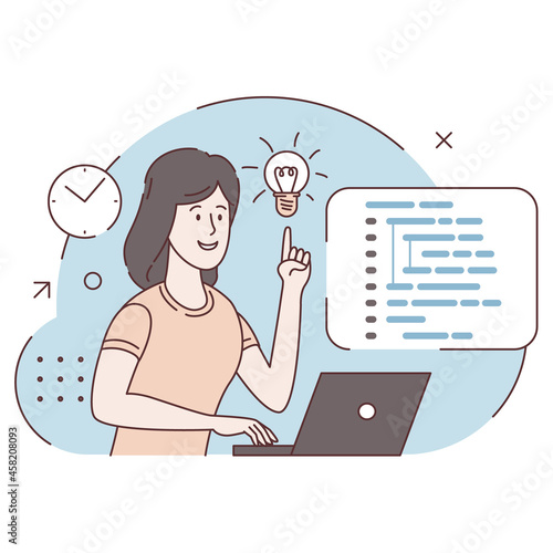 Concept of script coding, programming. A programming language. Programmer working on web development on computer. Software developers. Workplace of the programmer. Flat vector illustrations