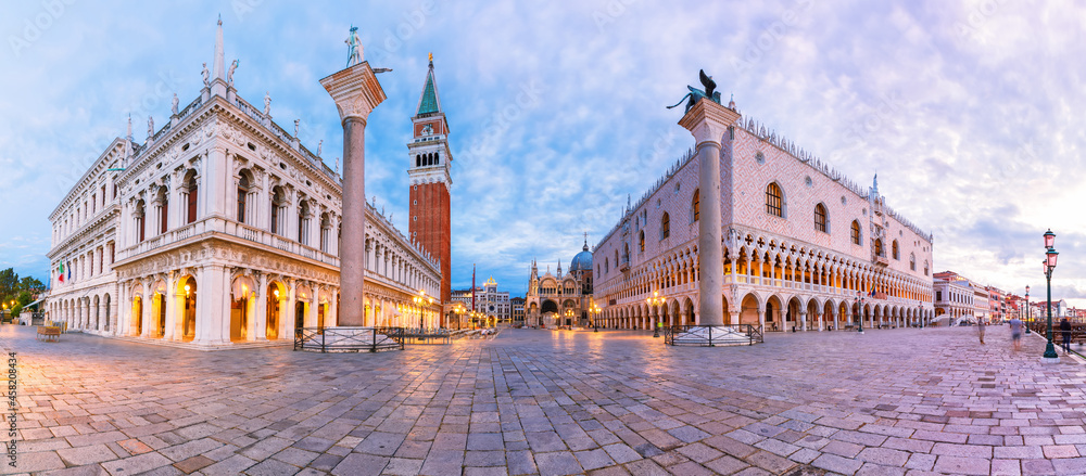 Piazza San Marco, Column of San Teodoro, National Library, Doge's Palace and St Mark's Basilica, Venice