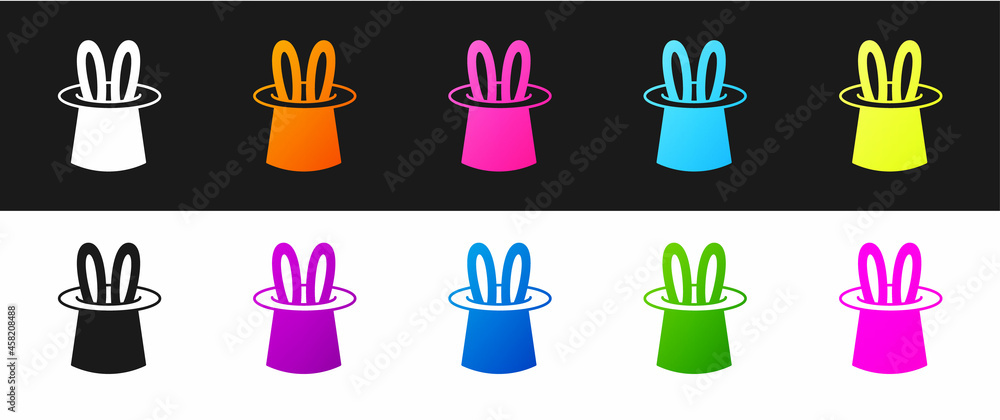 Set Magician hat and rabbit ears icon isolated on black and white background. Magic trick. Mystery entertainment concept. Vector Set Magician hat and rabbit ears icon isolated on black and white background. Magic trick. Mystery entertainment concept. Vector