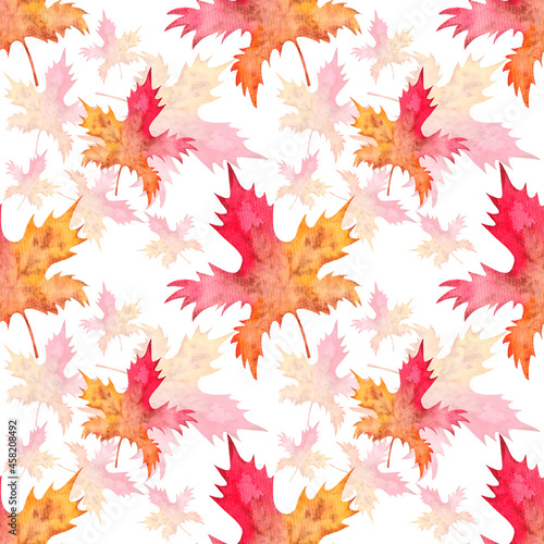 Watercolor seamless colorful autumn pattern  bright maple leaves on a white background. 