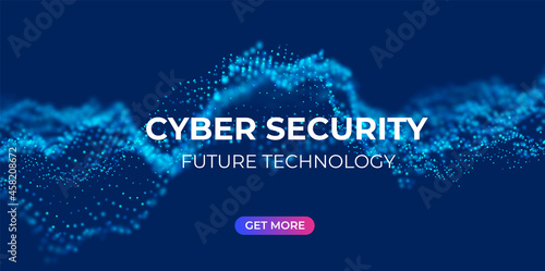Abstract cyber security science conference background with blue particles. Flow wave with dot landscape. Digital data structure. Future mesh or sound grid. Technology vector illustration.