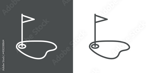 Icono plano con bandera en hoyo de club de golf con lineas en fondo gris y fondo blanco