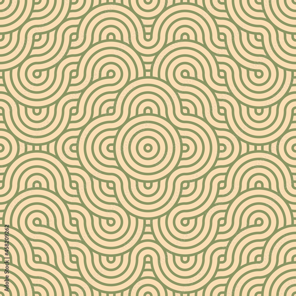 Asian style mandala seamless pattern. Geometric seamless ornaments for fabric, textile, paper background. Japanese motif wavy mandala pattern design. 