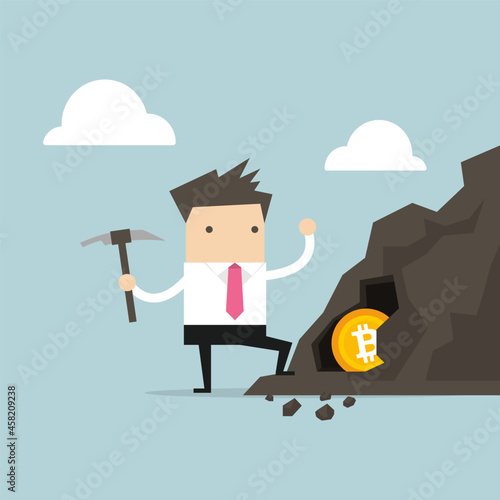 Businessman mining for bitcoin, Cryptocurrency cartoon concept.