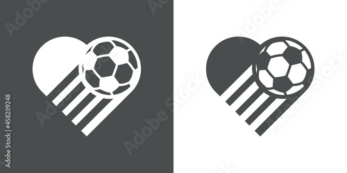 I love soccer. I love football. Logotipo silueta de corazón con balón de fútbol con lineas de movimiento en fondo gris y fondo blanco