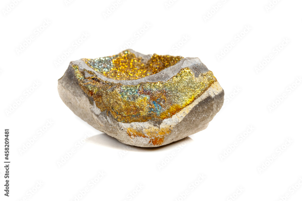 Macro mineral stone Pyrite rainbow on a white background Macro mineral stone Pyrite rainbow on a white background