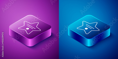 Isometric Walk of fame star on celebrity boulevard icon isolated on blue and purple background. Hollywood, famous sidewalk, boulevard actor. Square button. Vector