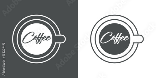 Logotipo con texto manuscrito Coffee en silueta de taza de café con lineas en fondo gris y fondo blanco