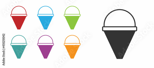 Black Fire cone bucket icon isolated on white background. Metal cone bucket empty or with water for fire fighting. Set icons colorful. Vector