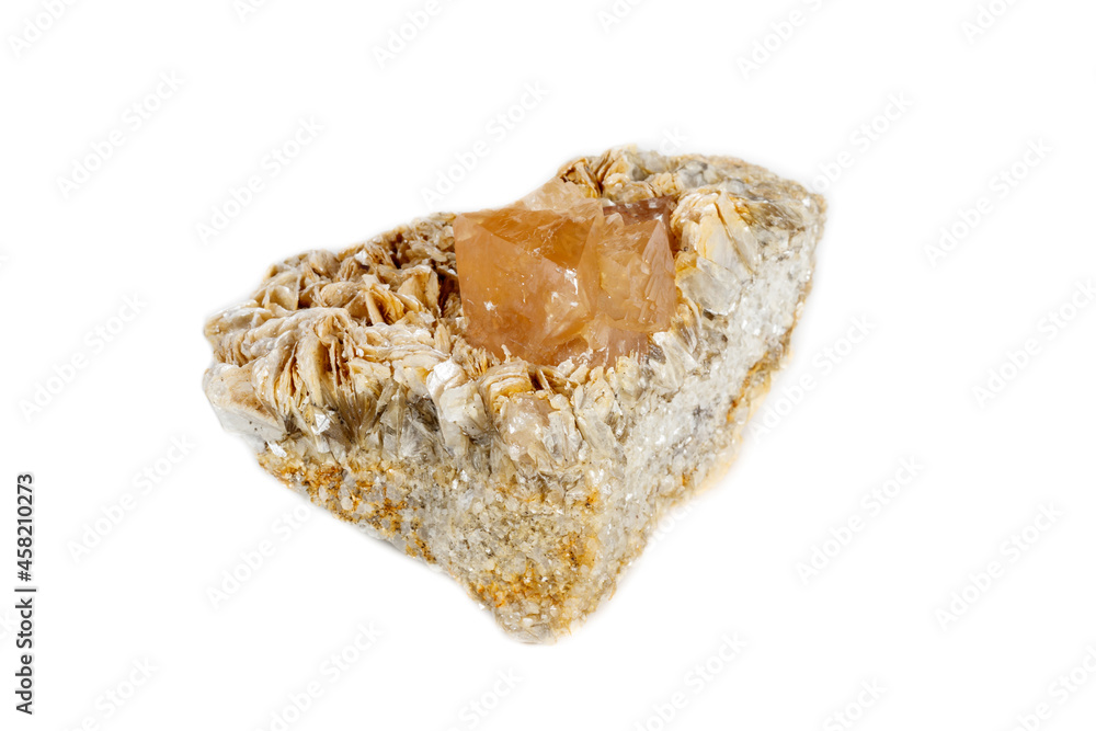 Macro mineral stone Scheelite on a white background Macro mineral stone Scheelite on a white background