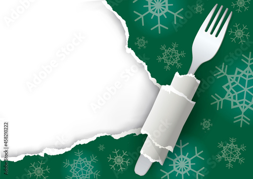 Menu Christmas green ripped paper background. Illustration of green torn paper with fork and snowflakes. 
Place for your text or image.Vector available.
