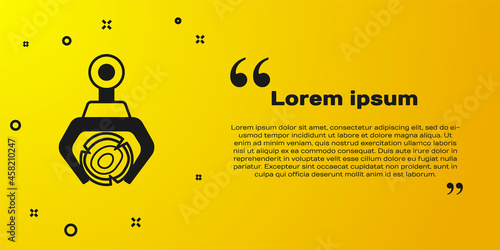 Black Grapple crane grabbed a log icon isolated on yellow background. Forest industry. Industrial crane for lumber trunk wood production. Vector