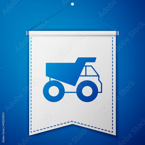 Blue Mining dump truck icon isolated on blue background. White pennant template. Vector