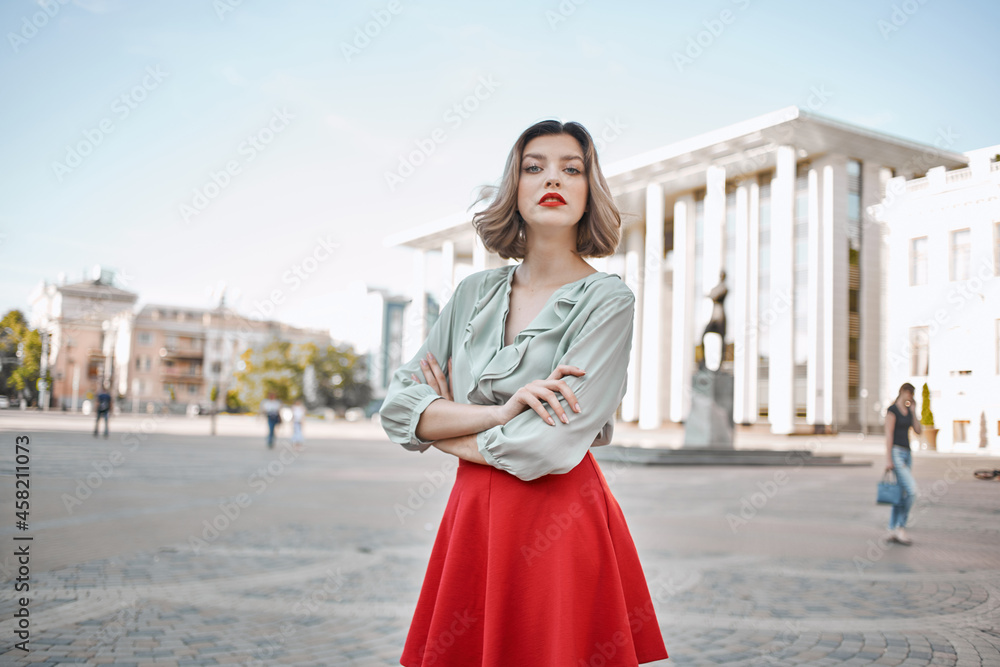 beautiful woman attractive look red lips walk in the park lifestyle