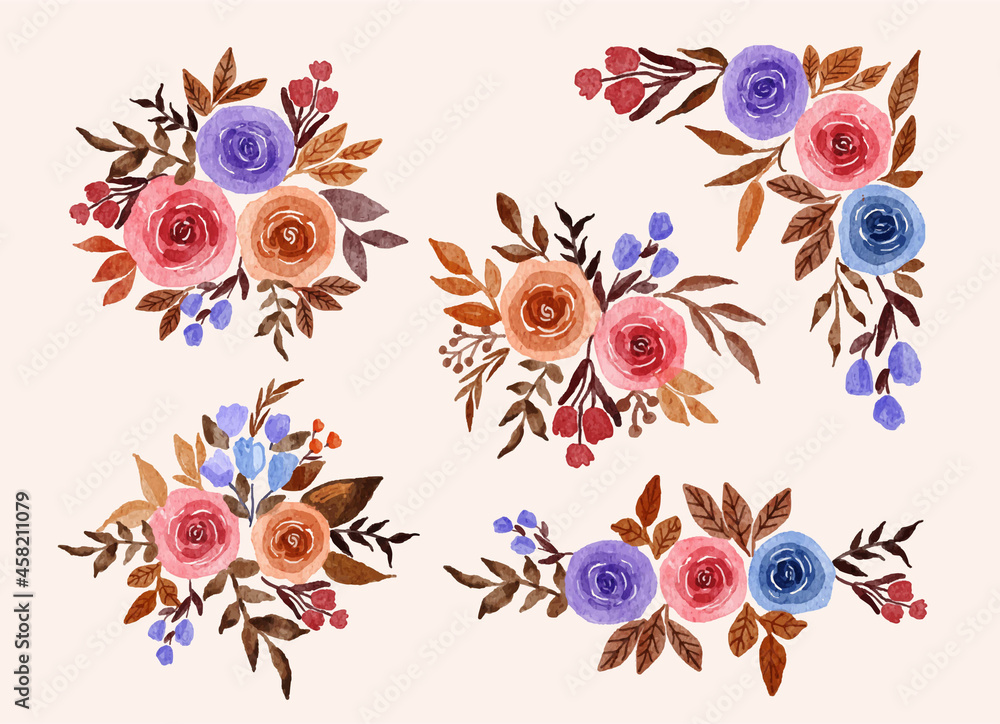 Collection of pink and blue flower decoration arrangement watercolor illustration
