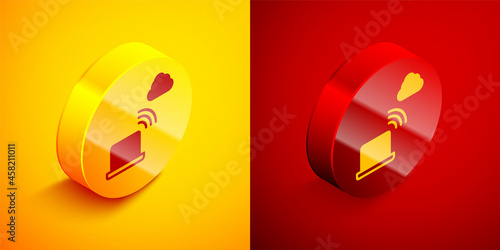 Isometric Network cloud connection icon isolated on orange and red background. Social technology. Cloud computing concept. Circle button. Vector © Kostiantyn