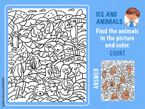 Find animals among the snow and ice, color and count. Games for kids. Puzzle game with hidden objects. Funny cartoon characters. Vector illustration.