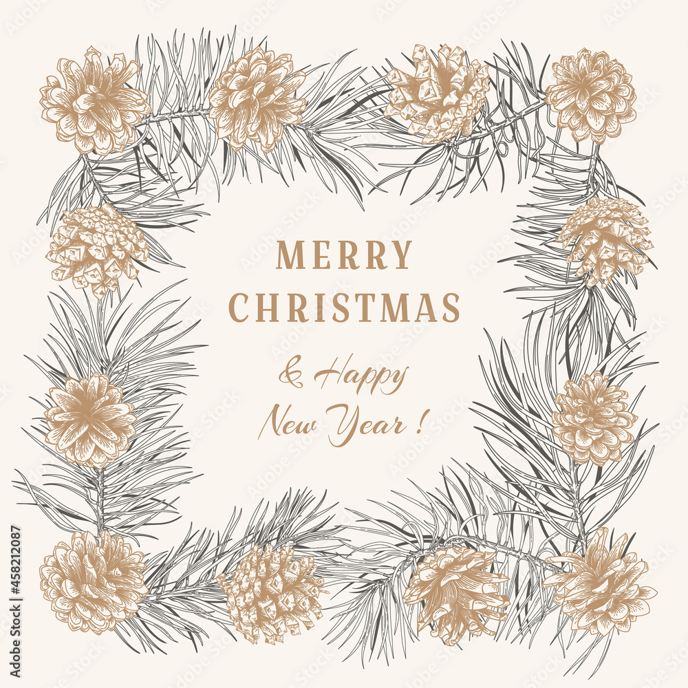 Christmas square frame with branches pine, cones. Winter holiday card with traditional plants. Botanical vector illustration. Engraving style. Black and White and golden background. Christmas square frame with branches pine, cones. Winter holiday card with traditional plants. Botanical vector illustration. Engraving style. Black and White and golden background.