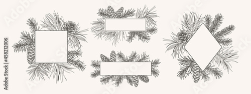 Christmas set botanical frames. Vector template with fir and pine branches and cones. Winter logo isolated on white background. Engraving style. Black and White.