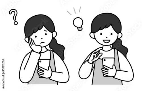 モノクロイラスト　主婦の表情セット　スマホ1