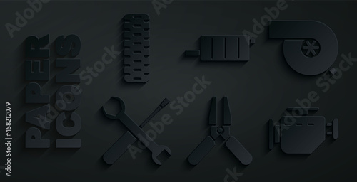Set Car battery jumper power cable, Automotive turbocharger, Screwdriver and wrench spanner, Check engine, muffler and tire wheel icon. Vector