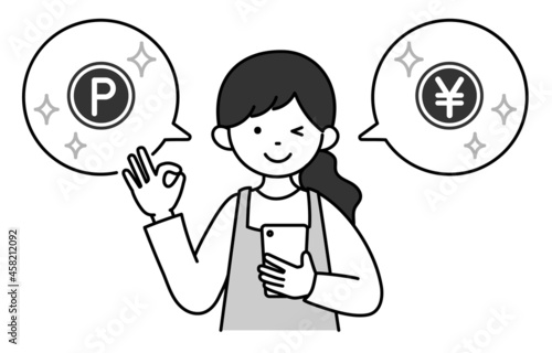 モノクロイラスト　主婦　スマホ　電子決済