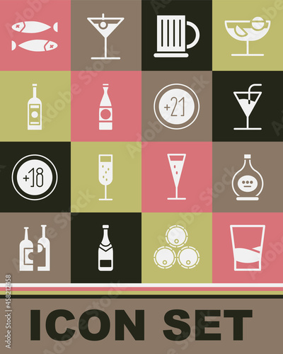 Set Glass of vodka, Bottle cognac or brandy, Cocktail, Wooden beer mug, Beer bottle, Dried fish and Alcohol 21 plus icon. Vector