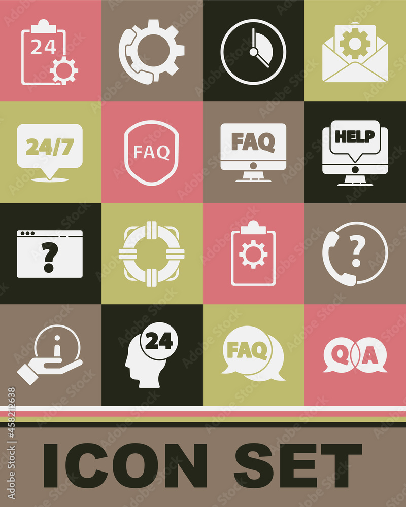 Set Question and Answer, Telephone 24 hours support, Computer monitor help, Time Management, Shield with text FAQ, Clock, Checklist service and icon. Vector Set Question and Answer, Telephone 24 hours support, Computer monitor help, Time Management, Shield with text FAQ, Clock, Checklist service and icon. Vector