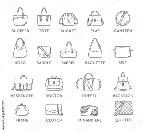 Collection of thin line style bag types vector set