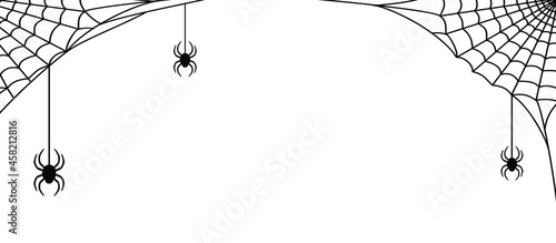 Fotografie, Obraz Black cobweb with spiders on a white background. Halloween frame