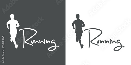 Logotipo con texto manuscrito Running con silueta de corredor en fondo gris y fondo blanco
