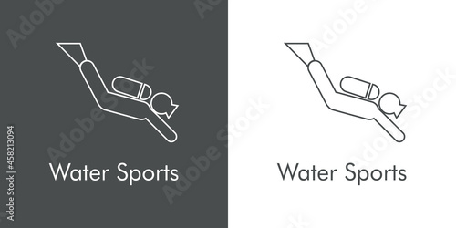 Logotipo con texto Water Sports con silueta de hombre buceando con lineas en fondo gris y fondo blanco