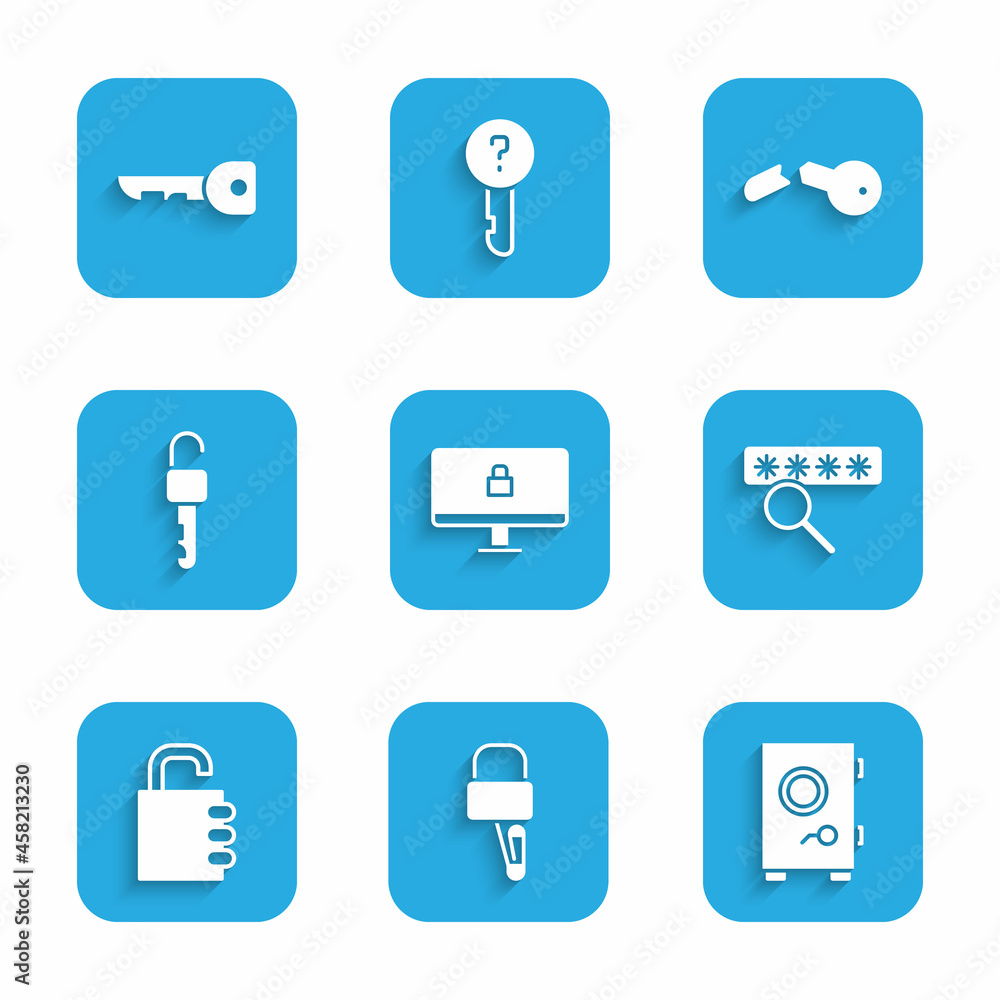 Set Lock on computer monitor, picks for lock picking, Safe, Password protection, combination, Unlocked key, Broken and Key icon. Vector Set Lock on computer monitor, picks for lock picking, Safe, Password protection, combination, Unlocked key, Broken and Key icon. Vector